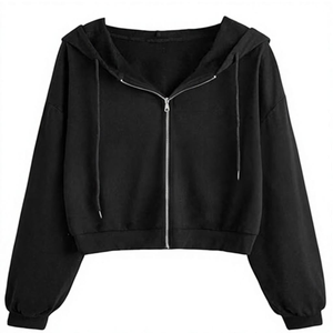 <b>Women's</b> Cropped <b>Zip</b>-Up <b>Hoodie</b> Solid <b>Black</b> Drop-Shoulder Long Sleeve Knitted Cotton Autumn Casual Wear - Product Image 1