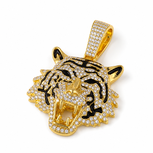Collier chaîne cubaine avec pendentif tête de tigre, moissanite et diamant rond brillant, plaqué or, bijoux hip-hop unisexe pour soirée - Product Image 1