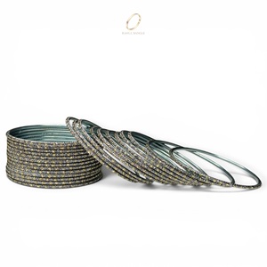 Wedding Ready Grey Stainless Steel Fashion <b>Bangles</b> <b>Bracelet</b> Set for Women Glitter Gold Plated Crystal Accents at Wholesale Price - Product Image 3