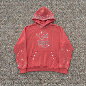Sweat à capuche de luxe brodé de strass, personnalisé, coupe oversize, délavé à l'acide, style streetwear, en tissu éponge pour homme - Product Image 5