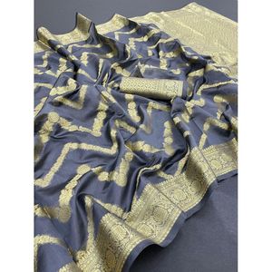 SAREE DE TRAVAIL À LA MODE EN SOIE ORGANZA ZARI TISSANT AVEC BLOUSE INCOSÉE GRIS - Product Image 1