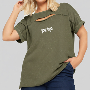 เสื้อยืดผู้หญิงคุณภาพสูง เป็นมิตรกับสิ่งแวดล้อม ผ้าฝ้าย 100% ทรงปกติ ล้างสีแบบแอซิดวอช ตกแต่งด้วยลายปัก สำหรับฤดูร้อน พิมพ์โลโก้ตามสั่ง แห้งเร็ว - Product Image 1