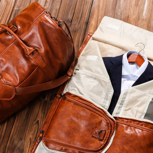 Bolsa de ropa de cuero genuino estilo vintage, de gran capacidad, ligera, para fin de semana, con compartimento para zapatos, tipo duffel. - Product Image 6