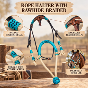 Harnais pour cheval en corde tressée avec détails en cuir brut |   Sangles en cuir réglables, équipement équestre durable pour l'entraînement à l'équitation, harnais - Product Image 5