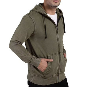 Sweat-shirt à capuche zippé vert olive pour homme, coupe classique, tricoté, couleur unie, vêtement d'automne décontracté - Product Image 1