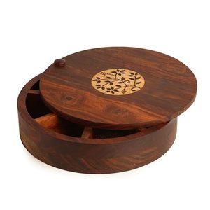 Boîte à épices en bois artisanale avec couvercle coulissant, 5 compartiments, récipient de rangement pour masala, organisateur d'épices rond indien pour la cuisine - Product Image 4