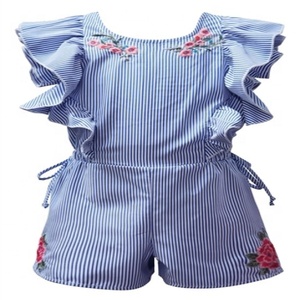 Barboteuse à rayures moderne pour enfants, tenue brodée à fleurs, manches évasées, tunique en coton pour petits filles, tendance été 2019 - Product Image 5