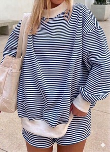 Sudadera de punto para mujer, personalizable, de invierno, extragrande, con estampado de rayas, cuello simulado, hombros caídos, de poliéster/algodón - Product Image 2
