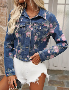 Women's Formal Floral Print Denim Jacket <b>Rhinestone</b> Decoration Breathable Fabric Distressed Wash Button Front <b>Crop</b> <b>Top</b> Style - Product Image 1