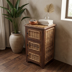 New Modern <b>Minimalist</b> Manado Wooden Storage Cabinet Natural Rattan Wicker 3 Drawers Chest Side <b>Table</b> Storage Unit Nightstand - Product Image 2