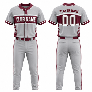 Ensemble de maillots de baseball personnalisés pour hommes, gris et bordeaux, avec nom du club imprimé par sublimation, respirant, anti-humidité, taille élastique, en polyester - Product Image 1
