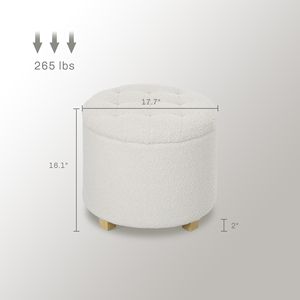 Pouf Rotondo in Tessuto Teddy da 18 Pollici con Bottoni Trapuntati, Contenitore e Gambe in Legno Bianco per Soggiorno e Corridoio - Product Image 3