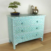 Commode de rangement en panneau de particules avec incrustation florale en nacre turquoise, style moderne, meuble de maison fait main