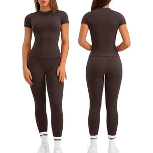 Ensemble de leggings de yoga taille haute couleur unie et haut sans manches, sans couture, col rond, en Spandex et Polyester, grande taille, séchage rapide - Product Image 1