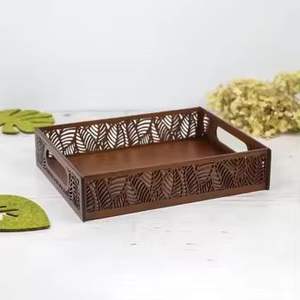 Decorative Wooden Serving Tray with Geometric Inlay Design Rectangular <b>Rustic</b> Tray for Kitchen Dining <b>Coffee</b> <b>Table</b> - Product Image 2