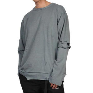 Camisetas de Hombre Personalizadas de Alta Calidad, Estilo Vintage, Lavado Ácido, Corte Holgado, con Agujeros, Doble Capa, Manga Larga, Unisex - Product Image 5