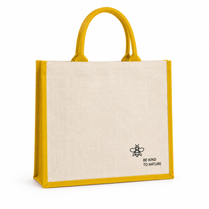 Reusable Jute Handled Shopping <b>Bag</b> with Letter Pattern Yellow Trim <b>Medium</b> <b>Size</b> for Supermarket Use - Product Image 1