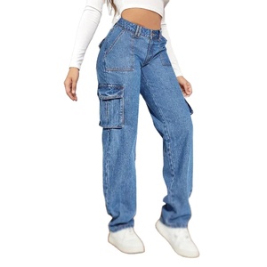 Femmes nouveau américain rétro mi-taille jean grande taille décontracté droit multi-poches vêtements de travail Denim pantalon dentelle bouton décorations - Product Image 1
