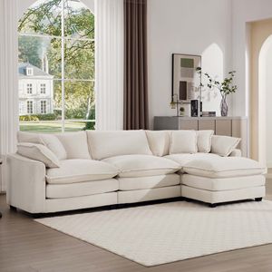 Divano Modulare Profondo a 3 Posti in Corduroy Beige Chiaro con Pouf, Arredamento Confortevole per Soggiorno - Product Image 2