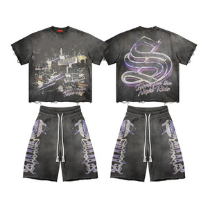 Premium 320 GSM cotton french terry sleeveless tee shorts <b>set</b> grey <b>spray</b> print custom logo Sleeveless shirt and Shorts <b>Set</b> - Product Image 5