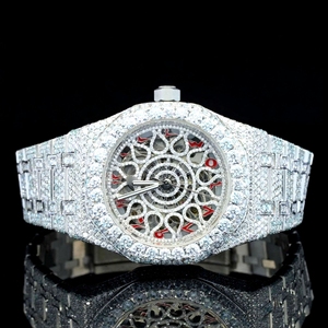 Hip Hop Round Style Customized Bezel With <b>Red</b> Arabic and Flower look Dial Stainless steel Hip Hop Diamond Watches For Fashion - Product Image 1