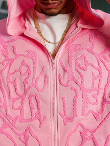 Sudadera con capucha para hombre con apliques de chenilla estilo grafiti, oversize, con cremallera completa, de felpa de algodón rosa, estilo urbano, para otoño e invierno, proveedor de marca privada - Product Image 4