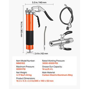 Pistola de Engrase de 8000 PSI con Empuñadura Tipo Pistola, Capacidad de 14 oz, Manguera Flexible de 18 Pulgadas, Acoplador de Engrase de Doble Mango para Aplicaciones de Alta Presión - Product Image 5
