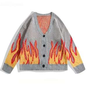 <b>Men</b> Knitted <b>Cardigan</b> Flame Print Button Front Autumn Sweater Regular Sleeve Acrylic Material - Product Image 3