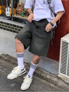 Pantalones Cortos de Mezclilla para Hombre, Cintura Alta, Lavado Oscuro, Pierna Recta, Estilo Casual de Verano, 100% Algodón Tejido, Bolsillos, Tinte Liso - Product Image 4