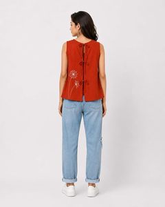 Top Rojo sin Mangas para Mujer, Tejido, con Bordado Floral, Cuello Redondo, Estilo Casual, Primavera - Product Image 3