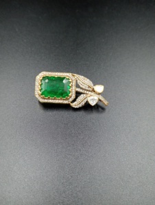 Emerald Cut Green Stone Silver <b>Gold</b> Plated Unisex Flower Design Brooch Moissanite Polki Leaves <b>Clothes</b> Fashion Jewelry Gift - Product Image 2