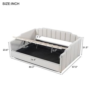 Divano letto imbottito beige a grandezza naturale con comoda vano contenitore sotto il telaio - Product Image 5