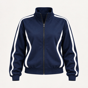 Conjunto de Chaqueta Deportiva Retro Azul Marino para Mujer, con Cierre Completo, Cuello Alto, Paneles Curvos en Contraste, Pantalones Deportivos Anchos y Holgados, OEM - Product Image 3