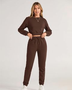 Conjunto Deportivo Informal Marrón para Mujer, Manga Larga, Cuello Redondo, Color Sólido, Pantalones con Cordón, Corte Holgado, Ropa de Otoño - Product Image 4