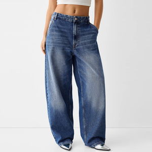 Jeans de Mezclilla de Cintura Alta y Pierna Ancha para Mujer, Lavado a la Piedra, Corte Holgado, Color Sólido, Estilo Casual, Material de Algodón - Product Image 5
