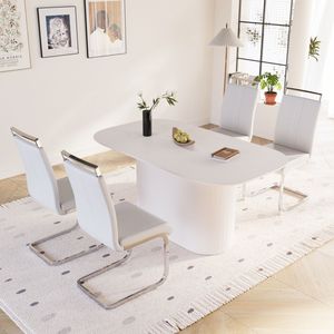 63\" Medieval Modern Cream Style MDF Dining Table PU Armless <b>Chair</b> Set 4-piece <b>Silver</b> Plated Metal Leg Assembly Dining Room - Product Image 5