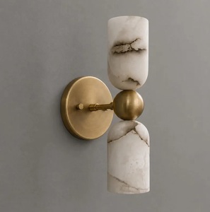 Modern Brass Wall Sconce With Marble Cylinders Geometric Design Indoor Lighting Fixture - Product Image 1