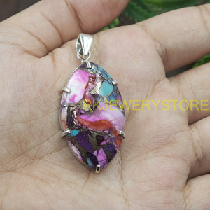 Colgante de Cobre Hecho a Mano con Turquesa, Gemas Rosas, Azules y Rojas, Colgante de Plata 925, Joyería de Diseño, Incrustaciones de Mosaico Marquise - Product Image 4