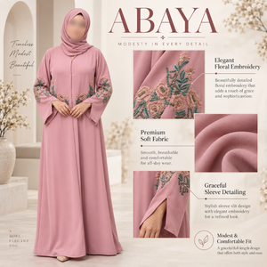 Robe Abaya rose élégante avec broderie florale et manches évasées |   Tenue musulmane modeste et longue pour les occasions quotidiennes élégantes - Product Image 5