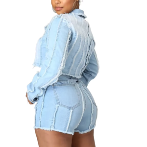 Women's <b>Cropped</b> <b>Denim</b> <b>Jacket</b> Shorts Set Solid Black Washed Raw Edge Casual Streetwear Full Sleeve Turn-down Collar - Product Image 4