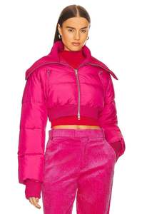 Pink Quilted Puffer Jacket Women Crop Top Stand Collar Zipper Closure Full Sleeve <b>Winter</b> <b>Coat</b> Solid Color <b>Thick</b> Woven Fabric - Product Image 3