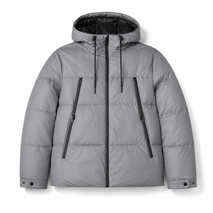Veste matelassée grise à capuche pour homme, fermeture éclair, coupe-vent, décontractée, hiver, couleur unie, extérieur en polyester, coupe régulière épaisse - Product Image 1
