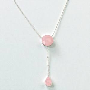 Collier en pierre précieuse de quartz rose naturel rond de 10 mm |   Collier pendentif en laiton plaqué argent avec breloque en forme de goutte - Product Image 1