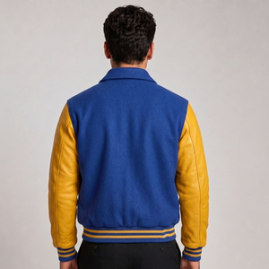 Veste de sport bleue pour homme avec manches en cuir PU jaune, lettre S brodée, fermeture à boutons sur le devant, style preppy, vêtement d'automne - Product Image 2