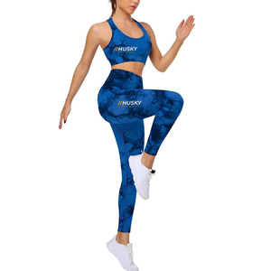 HUSKY Women's Ribbed Sports <b>Bra</b> Leggings Set <b>Blue</b> Seamless Fitness Wear Breathable Racerback Scoop Neck High Support - Product Image 2