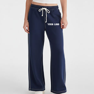 2026 Custom Baggy Straight Leg Women's Casual Summer High Street Pants <b>Lace</b> Contrast Stitch Cotton <b>Elastic</b> Waist - Product Image 1