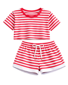 Ensemble décontracté d'été deux pièces pour femme : crop top rayé multicolore et short, taille élastique, tenue de détente, streetwear, OEM - Product Image 1