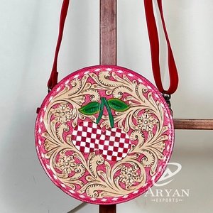 Sacs ronds de luxe en cuir véritable rose à motifs floraux, sacs à bandoulière élégants pour soirée et shopping - Product Image 1