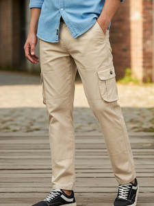 Pantalon cargo beige pour homme, coupe classique, couleur unie, avec poches, fermeture éclair, taille moyenne, pour toutes les saisons, vêtements d'extérieur - Product Image 1