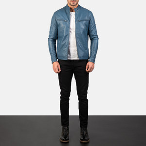 Blouson moto homme en cuir PU bleu, col montant, fermeture éclair, coupe ajustée, couleur unie, style streetwear, manches classiques, style automne - Product Image 1
